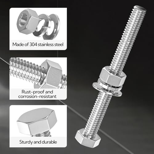10PCS 3/8-16" x 4" 304 Stainless Steel Fully Threads Bolt, Hex Head Bolts with Nut Spacer and Spanner