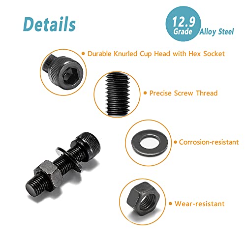 Kadrick 1290PCS M2 M3 M4 Screws Nuts and Washers Assortment, Grade 12.9 Alloy Steel, Hex Socket Head Cap Metric Bolts and Nuts Kit, Black Zinc Palted,Anti Rust Upgrade