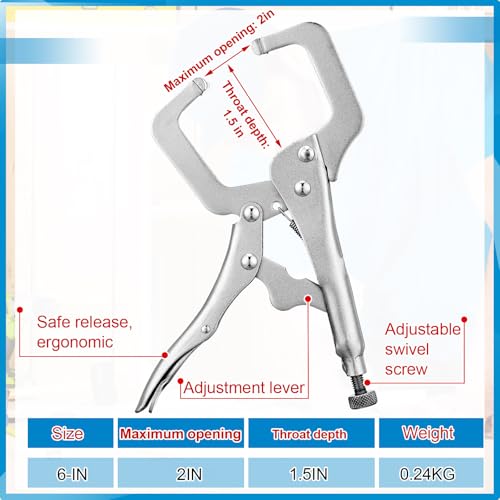 Yexiya 6 Pcs 6 Inch Locking C Clamp Original Lock Regular Tips Plain adjustable Alloy Steel Locking C Clamp for Woodworking Carpentry Welding Electrical Equipment, Silver
