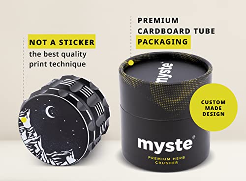 MYSTE Herb Grinder 63 mm Large with Improved Sharpest Teeth, 4 Pieces with Scraper, Magnetic Lid, Premium Spice Mill, Cruncher, Gift Packaging (MYSTE Grinder) Black
