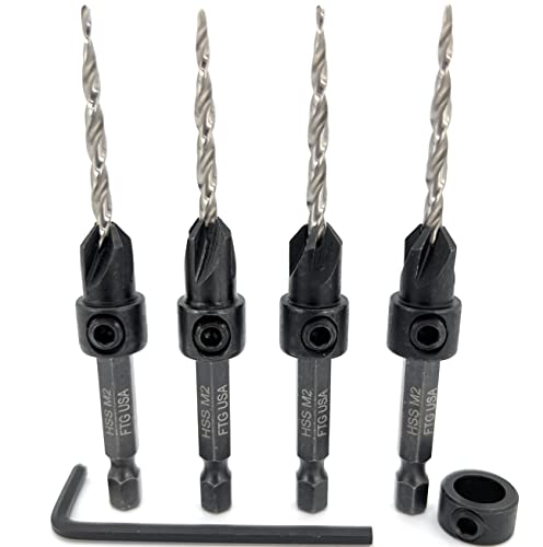 FTG USA Countersink Drill Bit Set 4 Pc Same Size #6 (9/64") with Tapered Countersink Bit, 6 Storage Containers 1 Stop Collar, 1 Hex Wrench