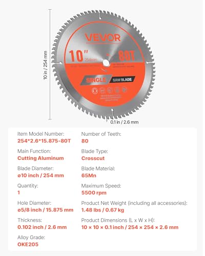 VEVOR Circular Saw Blade (254mm φ & 80 Sharp Teeth & 2.6mm Thickness) Ideal for Aluminum Cutting Compatible with Circular Saw, Alloy Steel Saw Blade with Noise Reducing Heat Extractors