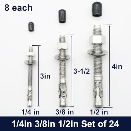 Stainless Steel 304 Concrete Wedge Anchors Heavy Duty Fasteners 1/4in 3/8in 1/2in Set of 24