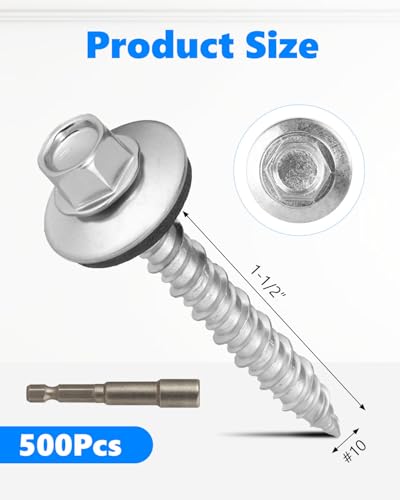 500Pack Metal Roofing Screws #10 × 1-1/2 Inch with Hex Socket #10 × 1-1/2 Inch Silver 500
