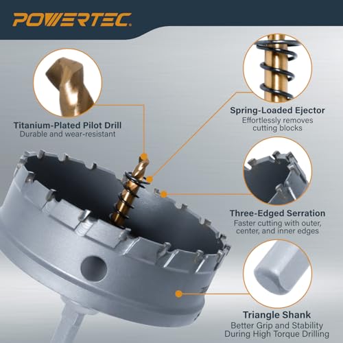 POWERTEC Tungsten Carbide Hole Saws for Soft & Hard Metal | 3" & 4" | Tungsten Carbide Tipped Hole Cutter Set with Titanium-Plated Pilot Drill Bit for Metal, Stainless Steel, Iron, Wood - 2PK (14913) 2PK Carbide Hole Saw Set (3", 4")