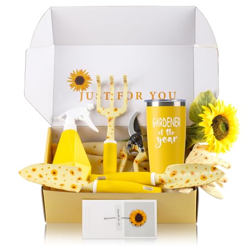 Garden Tool Set with Sunflower Print, Heavy Duty Gardening Hand Tools with Garden Tool Bag,Gardening Gifts for Women&Men,Yellow Gardener of the Year