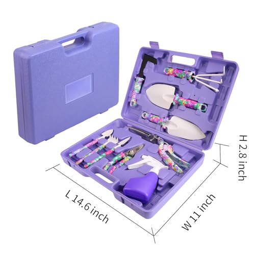 Garden Tools Set, JUMPHIGH 10 Pieces Gardening Tools with Floral Print, Ergonomic Handle Trowel Rake Weeder Pruner Shears Sprayer, Garden Hand Tools with Carrying Case Gardening Gifts for Women Father Purple