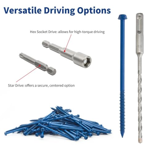 1/4" x 6" Concrete Screws, Blue Hex Head with Star Drive, 100 Pack w/ 2 Drill Bits, 1 Star Bit, & 1 Hex Bit Included - Heavy Duty Masonry Anchor Screws for Concrete, Brick, Block - Carbon Steel 1/4" x 6"