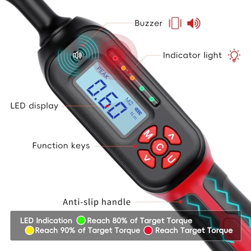 1/4" Digital Torque Wrench, 0.6-12 N.m / 0.4-9 Ft.lb, ±2% Accuracy 1/4" 0.4-9 Ft.lb (0.6-12 N.m) Red