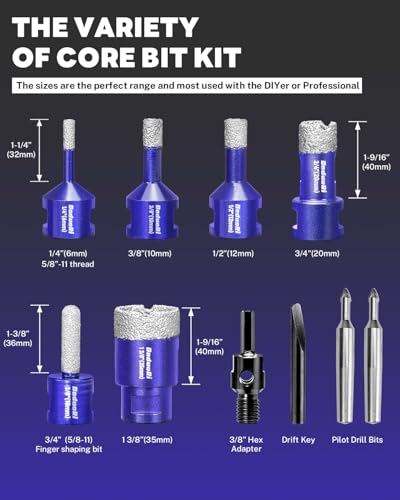 9 PCS Diamond Hole Saw Kit with Pilot Bit Adapter, 1/4" - 1 3/8" Thickened Diamond Core Drill Bit Set, Includes Tile Shaping Rod, for Porcelain, Ceramic, Granite, Marble, Stone 9 PCS-1/4",3/8",1/2",3/4",1-3/8"