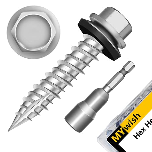Mywish 30Pcs 1/4 x 1-3/4" Concrete Screws & Mywish 300Pcs #10 x 1 Hex Head Self Tapping Metal Roofing Screws with Rubber Washer, Zinc Plated Wood Screws