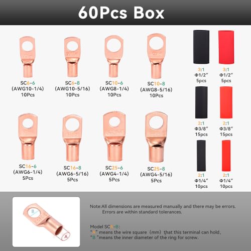 HKS Battery Cable Crimping Tool Kit – Heavy Duty Wire Crimper for AWG 10-1, Includes 60pcs Copper Ring Terminals & 60pcs 3:1 Heat Shrink Tubing, Ideal for Battery Cables HX-50B Crimper + 60pcs Lugs