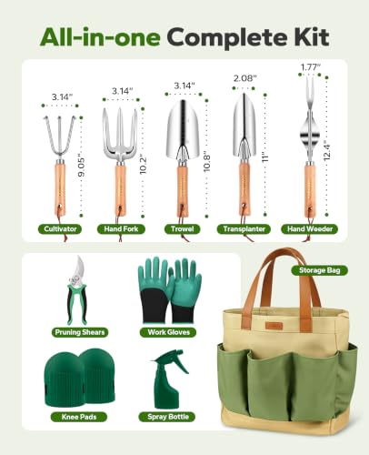 YAUNGEL Gardening Tools Set of 10 Heavy Duty Gardening Hand Tools Stainless Steel Garden Tools with Wooden Handle, Storage Garden Bag, Gardening Gifts for Women and Men 10pcs with bag