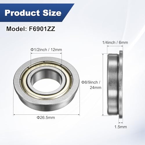 M METERXITY 10-Pack F6901ZZ Flanged Ball Bearing, 12mm x 24mm x 6mm Double Metal Shielded Z1 Chrome (GCr15) Steel Flange Rip Bearings for Wheelbarrow/Printer/Fax Machines/Power Tools