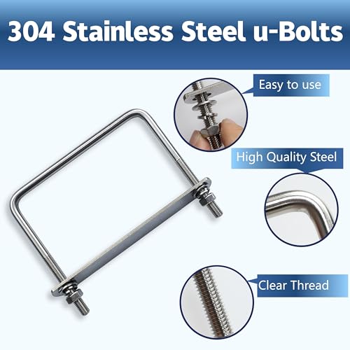 4 Pcs M10 Square U Bolts 6 Inch Wide, 3/8" x 6"W x 5-1/8"L M10 x 6"W x 5-1/8"L 4