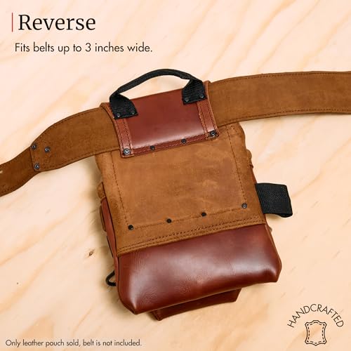 FESA Leather Carpenter Tool Pouch - 10-Pocket Heavy Top Grain Leather Carpenter Pouch with 2 Hammer Loops, Tape Clip, Large & Small Pockets - Fits Work Belts up to 3" - Handcrafted Cherry