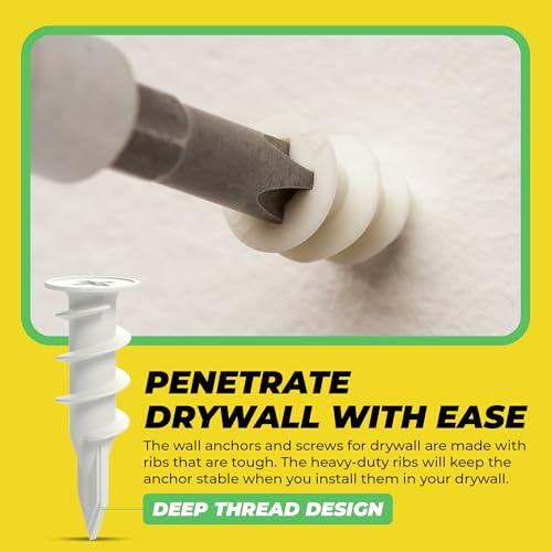 Qualihome Drywall Anchors with Screws – 400 Piece Set (200 Anchors + 200#8 x 1-1/4" Screws) | Self Drilling Drywall Anchors Heavy Duty | Wall Anchors for Drywall | Plastic Screw Anchor Kit 200 Pack