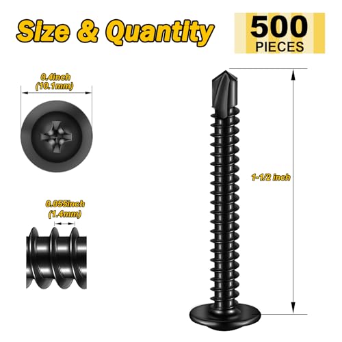 Mywish 500Pcs #8×1-1/2 Inch, Black Self Tapping Screws for Metal, 410 Black Metal Screws Oxide Stainless Steel Truss Head Self Drilling Screw High-Strength #8x1-1/2" (500 pcs)