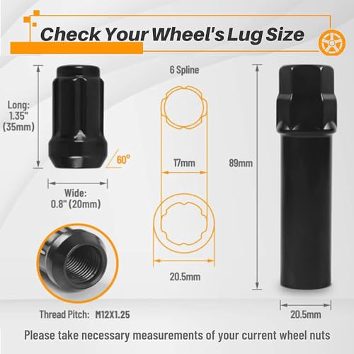 24pcs M12x1.25 Lug Nuts, Black Closed End Spline Lug Nuts with 1 Socket Key Compatible with Armada, Titan, Pickup Aftermarket Wheel
