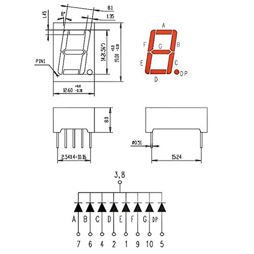 10 Pieces 0.56 Inch 7-Segment LED Display - 1 Digit, Red, 10-Pin Common Sode Anode, Digital Display for Arduino, Microcontroller, DIY Electronics Projects
