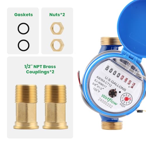 DN15 Water Meter 1/2" NPT, AWWA C712 Certification Gallon Water Flow Meter with Pulse Output, Cold Water Meter for Garden/Home/Apartment, Horizontal Install. 1/2",gal,SJ,w/ pulse