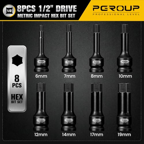 8 PCS 1/2 Inch Drive Allen Impact Socket Set, Metric Hex Socket 6 mm to 19 mm, Master Impact Grade Cr-Mo Steel with Heavy Duty Storage Case