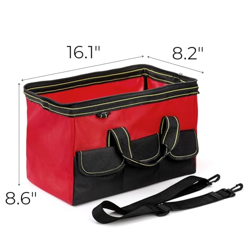 Hiceeden 16 Inch Wide Mouth Tool Bag, Collapsible Tool Tote with Waterproof Coating and Adjustable Strap, Portable Electrician Tool Organizer Handbag with 5 Outside Pockets, Red (Pack of 3) 16.1 x 8.2 x 8.6 inches (Pack of 3)