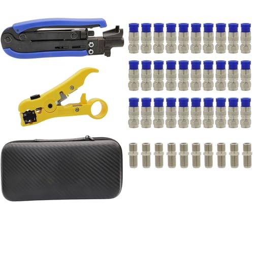 Professional Coax Cable Crimper Kit with Wire Stripper & RG6 Compression Connectors – Adjustable Coax Crimper Tool Set for TV, Satellite & Home Network Coaxial Cable Connector Installations