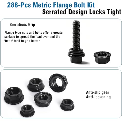 288 Pcs Metric Flange Bolt Assortment Kit, M6 M8 M10 Hex Flange Bolts with Nuts and Washers (12mm to 30mm), 10.9 Grade Black Zinc Alloy Steel, for Automotive, Machinery, and DIY Projects
