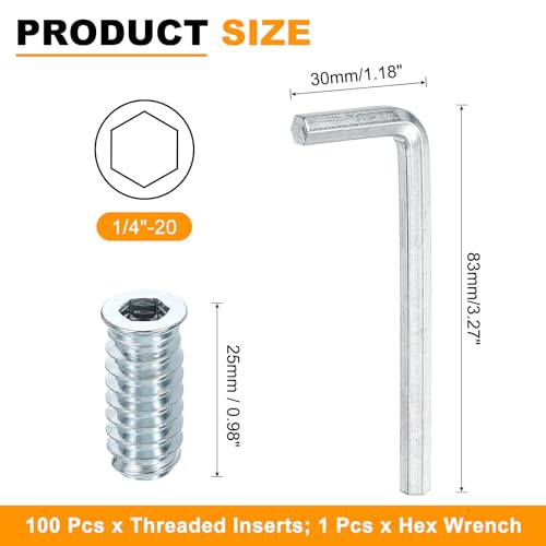 uxcell 100 Pcs Threaded Insert for Wood, 1/4" - 20 Carbon Steel Threaded Studs Hex Socket Drive Nut Inserts Screw in Nut Fastener Connector with Hex Wrench 25mm Length for Home, Silver 1/4"-20x25mm