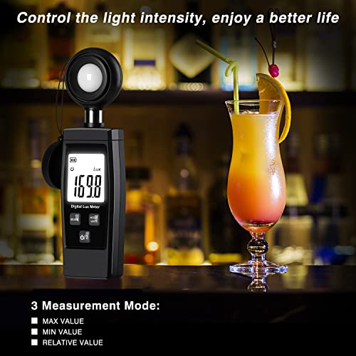 Light Meter, Handheld Lux Meter for Photography Grow Plants Led, Digital Photometer Illuminance Meter Range up to 200,000 Lux, Photo Illuminance Sensor with MAX/MIN Data Hold
