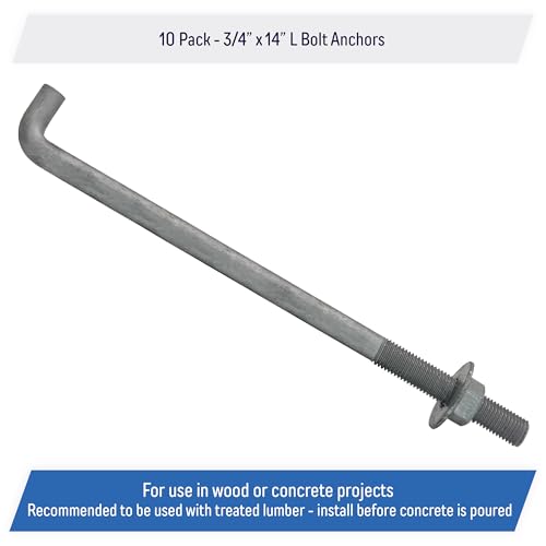 3/4" x 14-inch Galvanized Threaded Anchor Bolts with Hardware for Wood, Concrete (10 Pack) 14 Inch