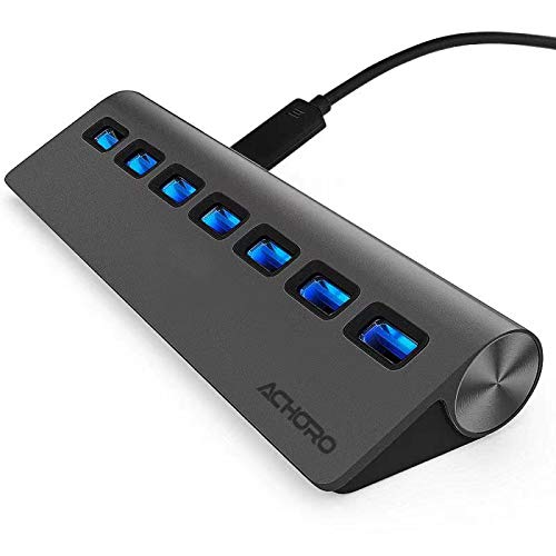 Achoro 7 Ports USB 3.0 Hub - Triangle Aluminum Alloy - High-Speed USB Port Expander - Compatible with PC, iMac, MacBook, Windows, Desktop, and More – Computer Multiple USB HUB (Space Grey) Space Gray