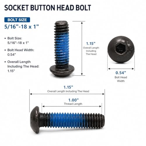 5/16-18 x 1" Button Head Socket Cap Screws, 100 PC- Black Oxide Alloy Steel Bolts, Grade 5, with Pre-Applied Thread Locker