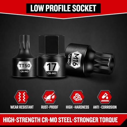 ZHAX 28-Piece Triple Square Spline(XZN), Tamper-proof Torx and Low Profile Metric Hex Bit Socket Set, Stubby Impact Design, 1/4", 3/8" and 1/2" Drive, CR-MO 28 pcs