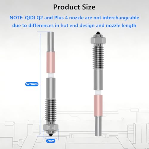 2PCS 0.4mm Bimetal Nozzle for QIDI Q2/Q2C, Quick-Swap Integrated Ceramic Throat Tube Hardened Steel Nozzle All-Metal High Temperature Resistant Hotend Nozzles Replacement for QIDI Q2 3D Printer 2PCS 0.4MM Nozzle