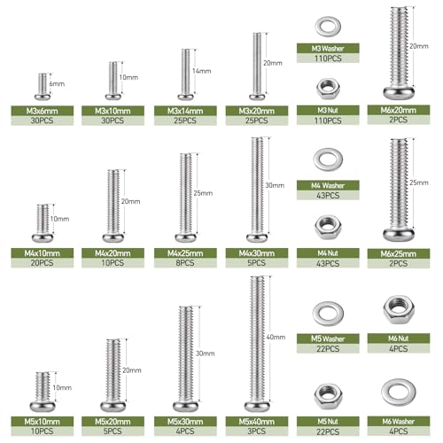 537Pcs M3 M4 M5 M6 Bolts Assortment Kit, Metric Machine Screws Phillips Pan Head Nuts Bolts Washer Assortment Kit, 304 Stainless Steel for Household Repairs,Electrical Wall Plate Switch M3/4/5/6 537PCS Machine SS