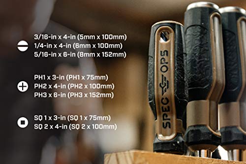 Spec Ops Tools Screwdriver Set for Professional Construction & Jobsite Use, Phillips, Slotted and Square Drivers with Magnetic Tips, 8-Piece 8-Piece Set