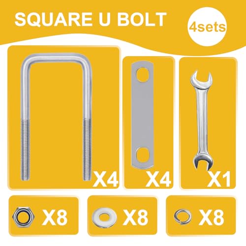 4 Sets Square U Bolts 4-1/16 inch Wide, Sunxer Tool Stainless Steel U Clamp with Nyloc Nuts Washers and Plates for Pipe Beam Trailer (M10 x 102mm x 200mm) M10 x 102mm x 200mm