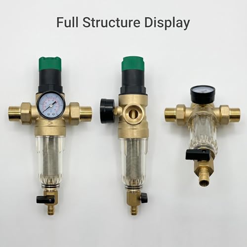 Whole House Spin Down Sediment Filter with Manual Pressure Regulator - Reusable 50 Micron SS Filter screen, BPA-Free Brass Body, Built-in- Gauge, 3/4"NPT（DN20）Ports, Easy Flush Pre-filter