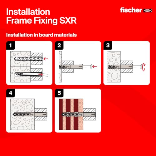 fischer Frame Fixing SXR 3/8" x 3-1/8" (10x80 mm) Wall Anchors with Screws TRX Head Push-Through Installation for Solid and Hollow Materials - 50 Pcs 10 x 80 Gray