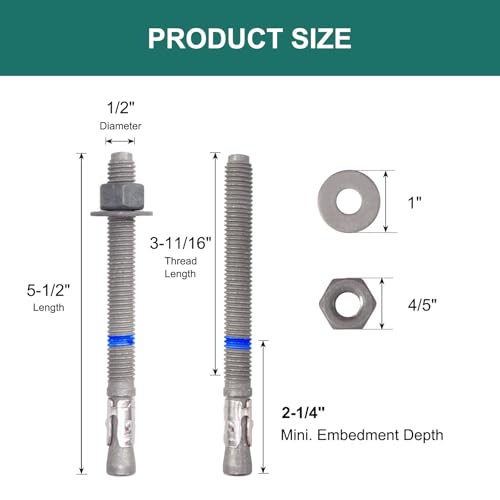 1/2" x 5-1/2" Concrete Anchors (10 Pack) 1/2 inch Wedge Anchors Bolts Hot Dip Galvanized 1/2"x5-1/2" (10 PCS)