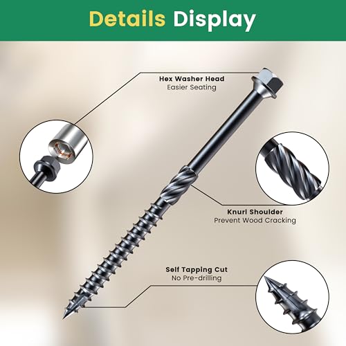 #14 x 6 Wood Structural Screws 50 Pcs, Exterior Hex-Head Lag Screws, Black Heavy Duty Construction Timber Log Landscaping Wood Screws, 5/16 Hex Socket Included #14 x 6"