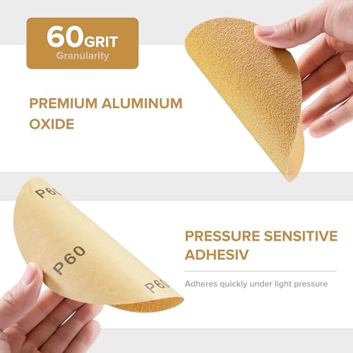 100 PCS 6 Inch Gold PSA Sanding Discs 60 Grit Self Adhesive Sticky-Back Sandpaper for DA Sander Automotive Car Paint Woodworking Wood Metal Finishing 100 PCS 60 Grit