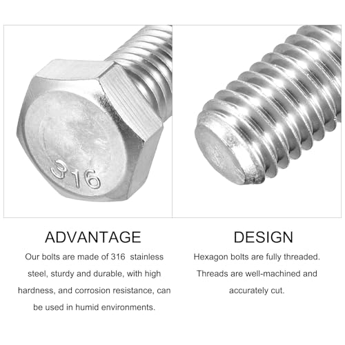 METALLIXITY Hex Head Screw Bolt (7/16-14x4) 20Pcs, 316 Stainless Steel, Fully Threaded, External Hex Drive, Bright Finish - for Repair, Silver 7/16-14x4" 20