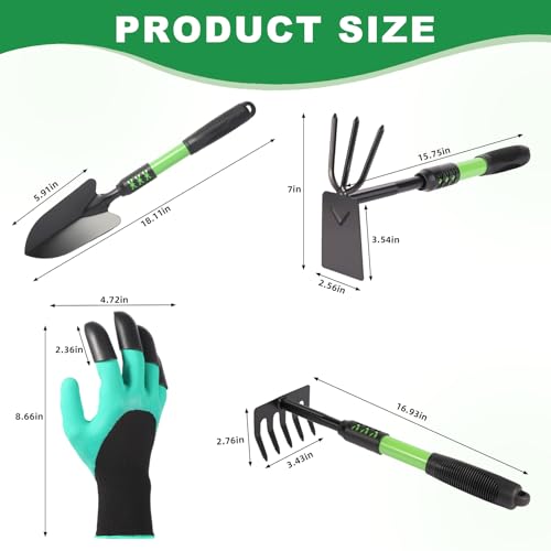 Garden Tools Set, 4 Pack Gardening Tools, Stainless Steel Heavy Duty Hand Cultivator, Hoes, Spade Shovel, for Planting Weeding Digging, Gardening Gifts for Women, Green