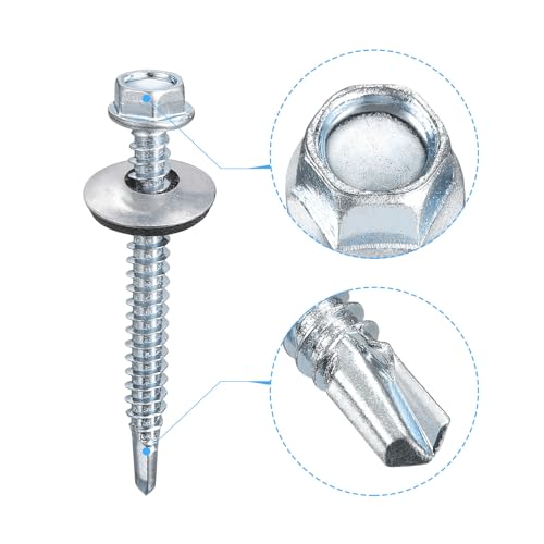uxcell #12x2 Self Drilling Screws with Rubber Washer, 200Pcs Zinc Plated Finish Hex Head Self Tapping Screws with EPDM Washer for Metal #12x2" 200