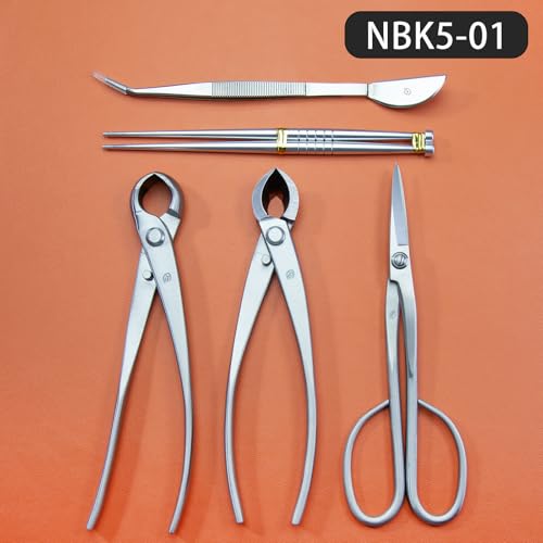 Bonsai Tools 5-Piece Alloy Steel Bonsai tool Kit In Cluding 210mm Long Handle Scissors / 205mm Branch Cutter / 205mm Knob Cutter / 200mm Straight Root Hook/Tweezers (NBK5-01)