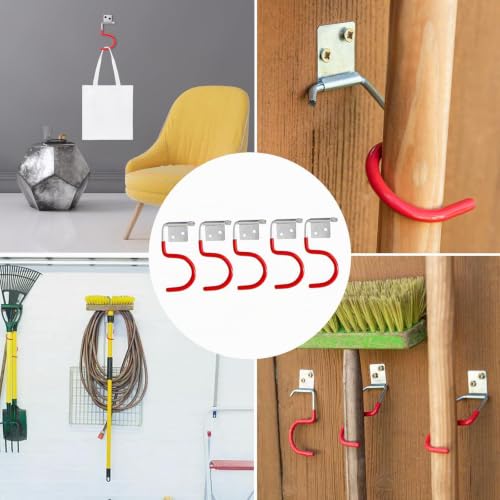 Garden Tool Holder Metal Hooks, Pack of 15 Red Hooks Broom Holder Tool Holder with 30 Pieces Screws, Garden Tools Hanging with Non-Slip Rubber Coating, for Garages, Basements, Tool Shed 15 PACK