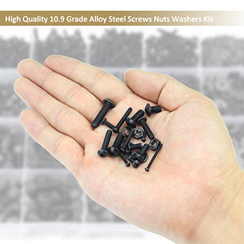 1285 Pieces M2 M3 M4 M5 Screws Nuts Washers Assortment Kit, Metric Screw Set, Bolts and Nuts, Machine Screws, Fully Machine Thread (Black, Button Head Socket Cap Screws Kit,) Black Button Head Socket Cap Screws Kit,